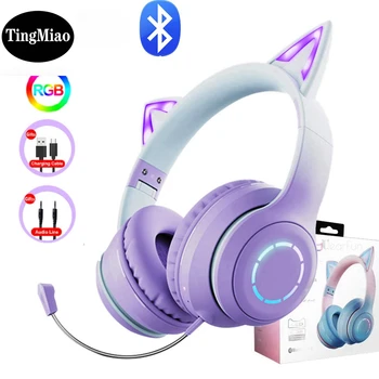 Degrade Pembe Kedi kulak mikrofonlu kulaklıklar Kawaii Kız Çocuklar için Telefon MP3, HiFi Stereo Müzik Parlayan Kablosuz Kulaklık