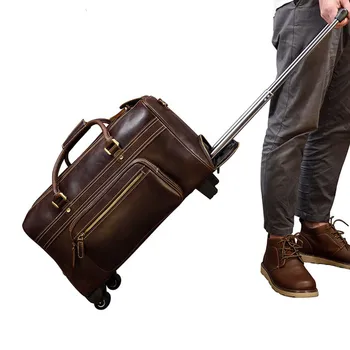 Erkek Deri tekerlekli çanta İnek Derisi Çanta Retro İnek Derisi Bavul Haddeleme Bagaj Tekerlekli İş Çantası