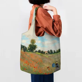 Claude Monet Gelincikler alışveriş çantası Yeniden Kullanılabilir Fransız Ressam Sanat Tuval Bakkal Alışveriş omuzdan askili çanta Fotoğraf Çantası