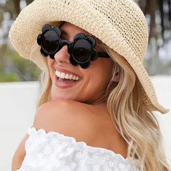 Yuvarlak ayçiçeği güneş gözlüğü moda Y2K UV400 koruma güneş gözlüğü çiçek tonları kadınlar için