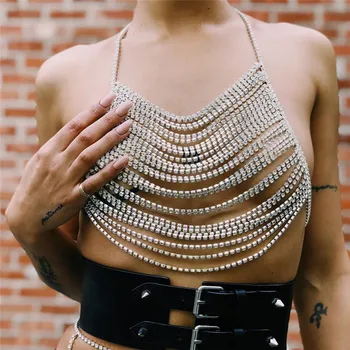 Avrupa Gümüş Altın Bling Taklidi göğüs zinciri Seksi Bikini Üstleri Camiş Gömlek Sutyen Takı Çok katmanlı Geniş göğüs zinciri