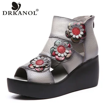 DRKANOL Kadın Sandalet 2023 Çiçekler Hakiki Deri Burnu açık Takozlar Yüksekliği Artan Sandalet Yaz Geri Fermuar platform ayakkabılar
